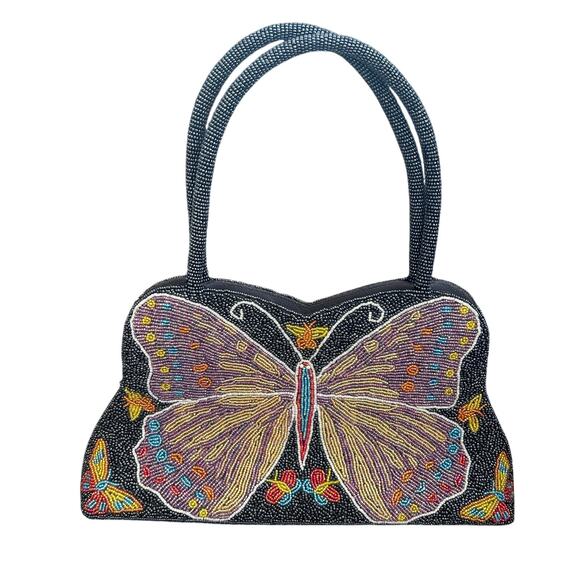 Beaded Butterfly Handbag Double Top Handle Shoulder Bag Unique Colorful - Picture 1 of 6